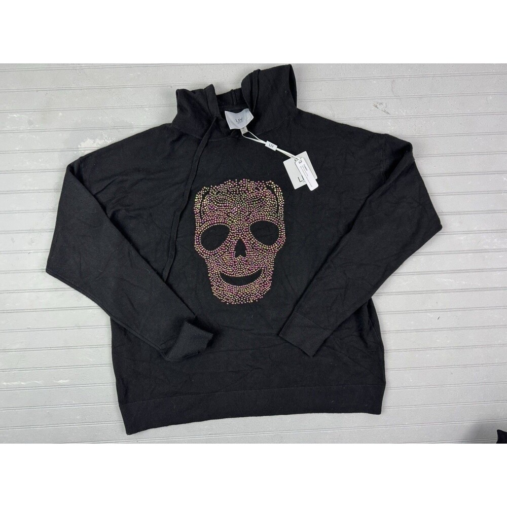 Liv Size M Womens Hooded Sweater Black Skull Bling Long Sleeve Pullover